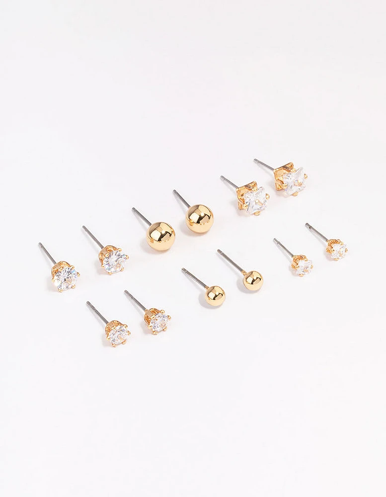 Gold Cubic Zirconia & Ball Stud Earrings 6-Pack