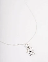 Silver Moving Teddy Bear Short Necklace