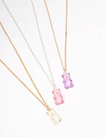 Pastel Holographic Teddy Bear Necklace 3-Pack