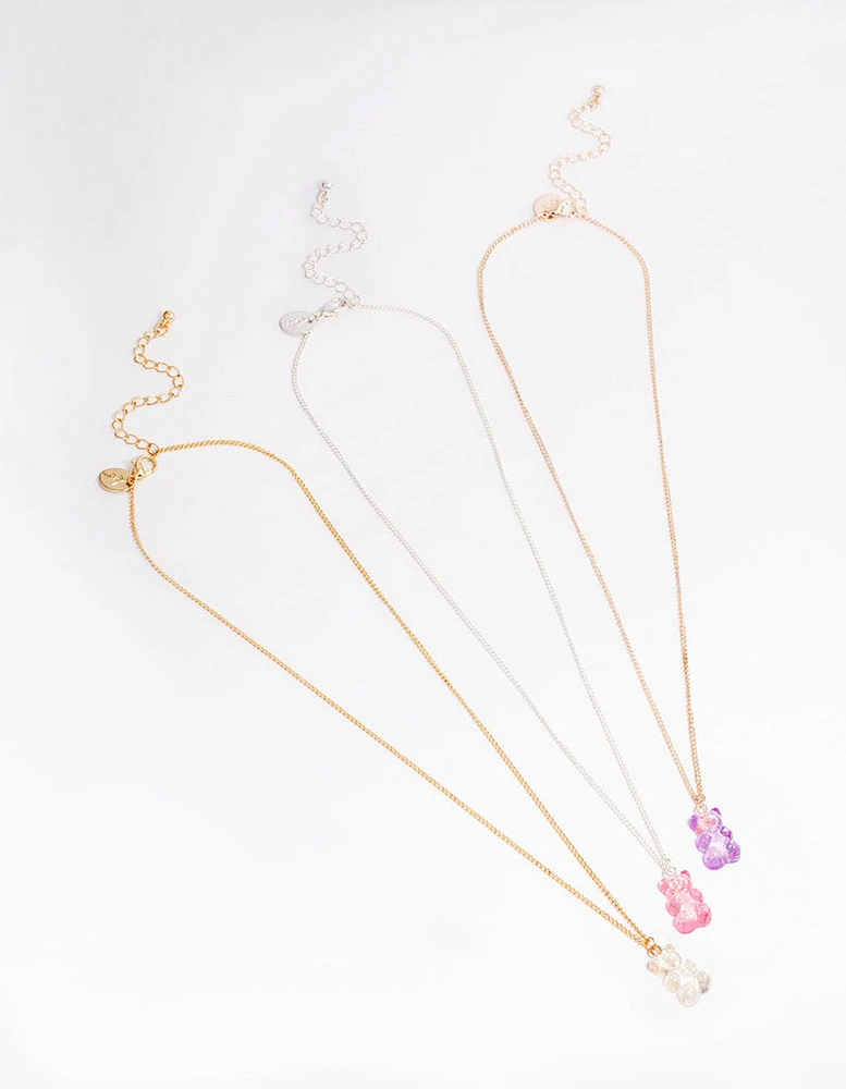 Pastel Holographic Teddy Bear Necklace 3-Pack