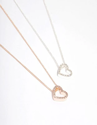 Mixed Metal Diamante Side Heart Necklace Pack