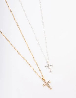 Gold & Silver Plated Diamante Cross Necklace Pack