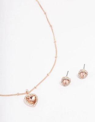 Rose Gold Heart Halo Ball Necklace & Stud Earring Pack