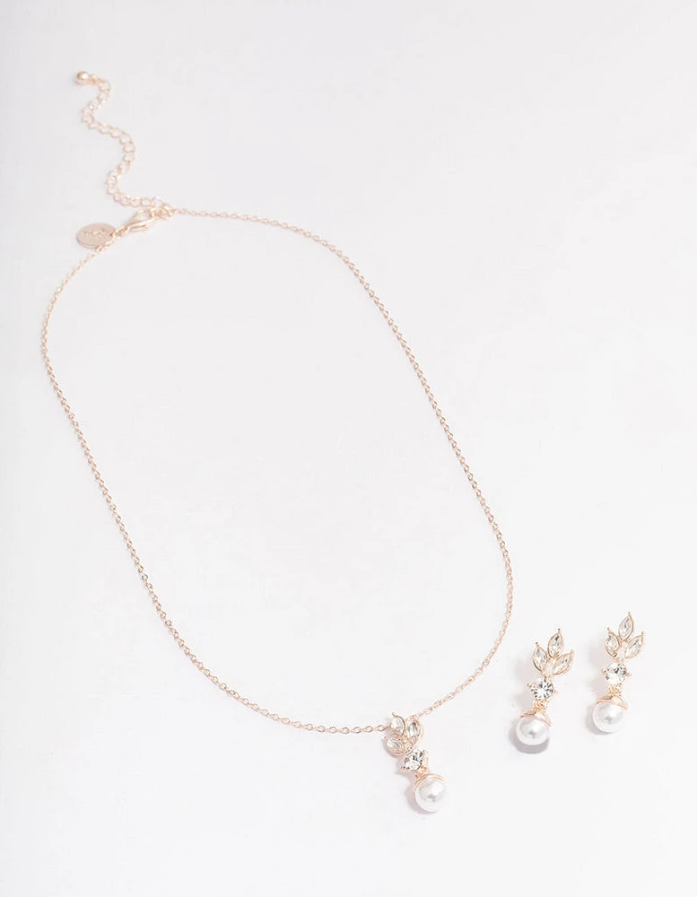 Rose Gold Leafy Diamante & Pearl Jewellery Set