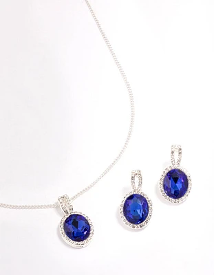 Silver Sapphire Oval Halo Jewellery Set