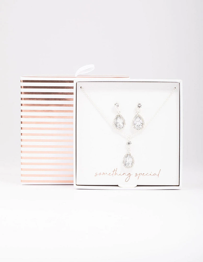 Silver Round & Pear Halo Jewellery Set