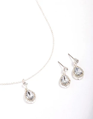 Silver Round & Pear Halo Jewellery Set
