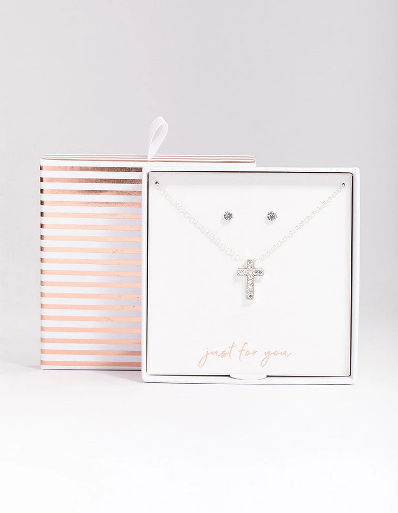 Silver Diamante Cross Jewellery Set