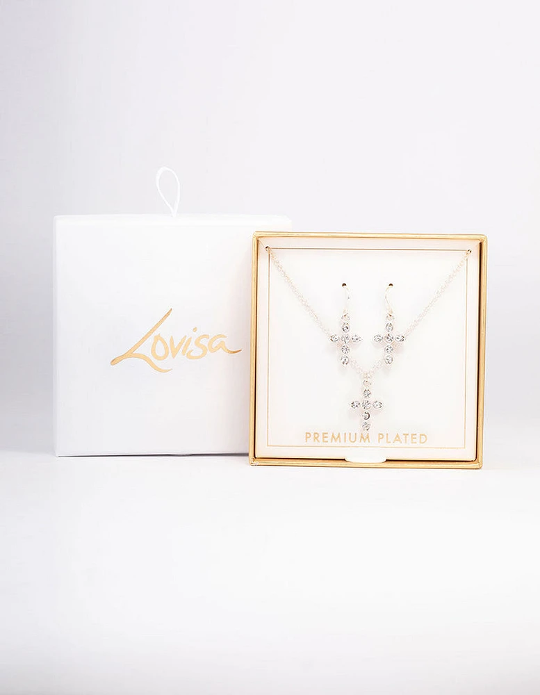 Silver Plated Diamante Cross Jewellery Set