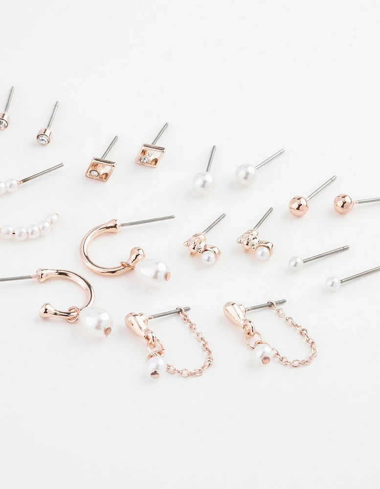 Rose Gold Pearl Mixed Stud & Hoop Earring 12-Pack