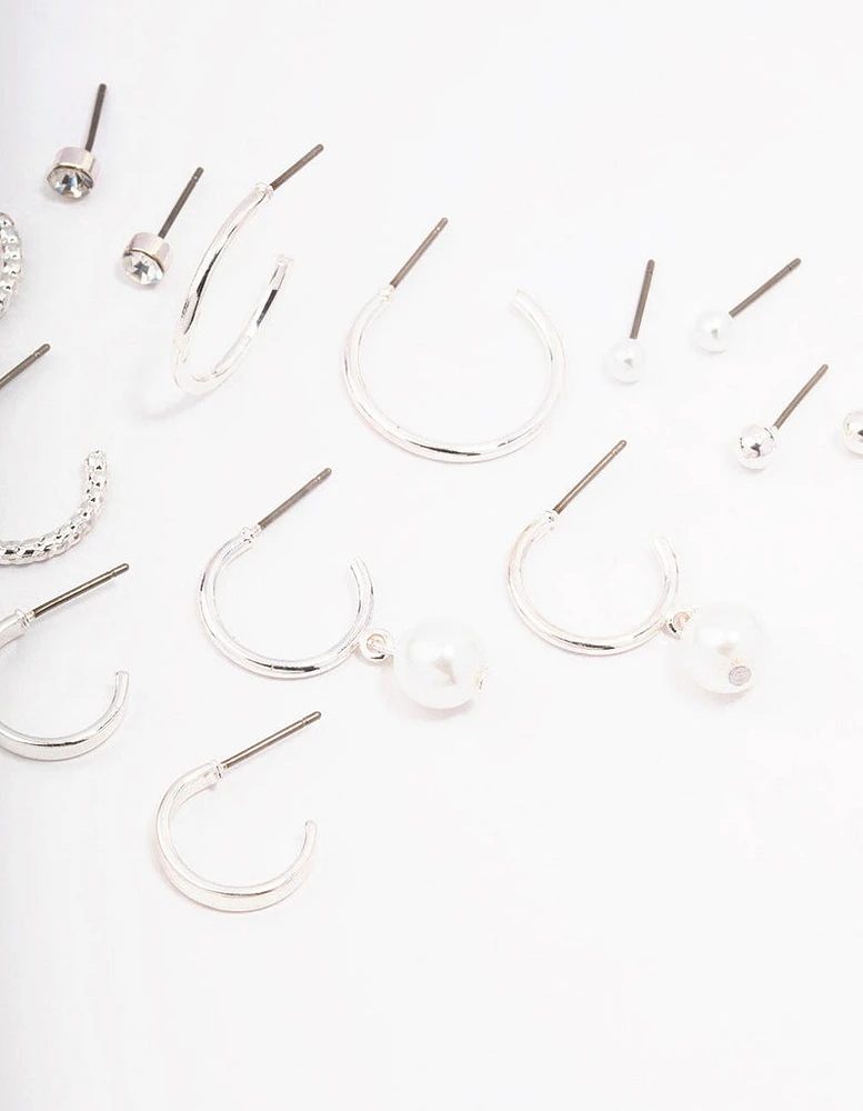 Silver Diamante Pearl Stud & Hoop Earring 8-Pack