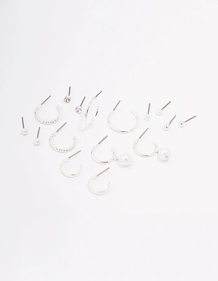 Silver Diamante Pearl Stud & Hoop Earring 8-Pack