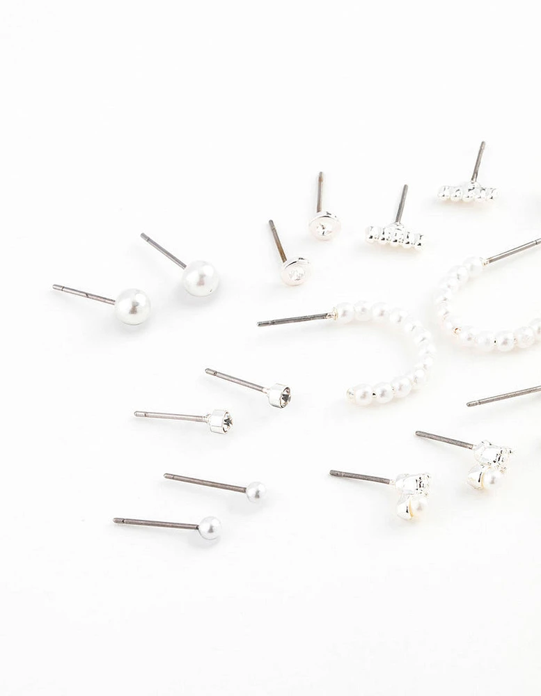 Silver Pearl Mixed Stud & Hoop Earring 12-Pack