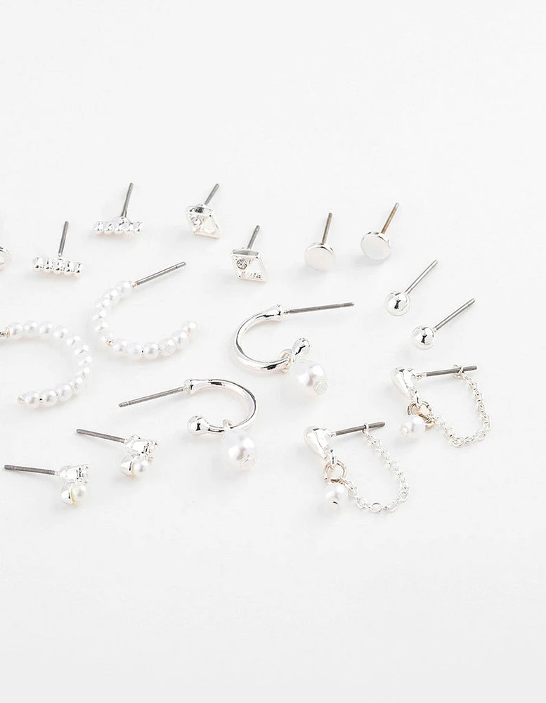 Silver Pearl Mixed Stud & Hoop Earring 12-Pack