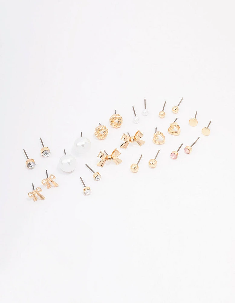 Gold Bow Pearl & Heart Earring 12-Pack