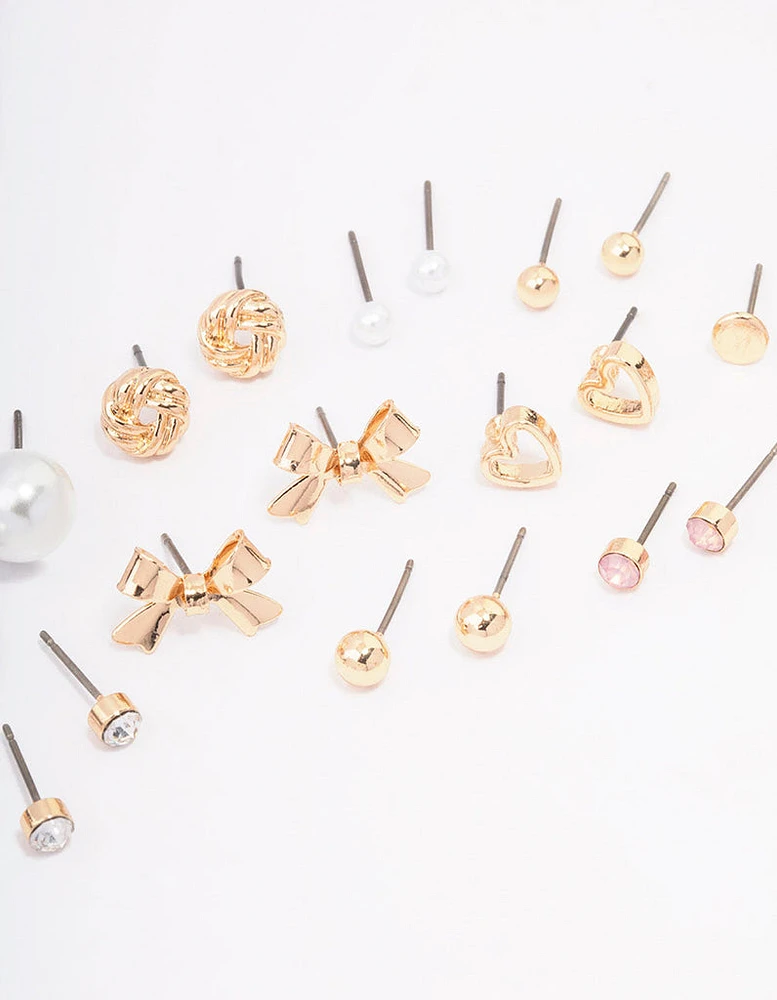 Gold Bow Pearl & Heart Earring 12-Pack