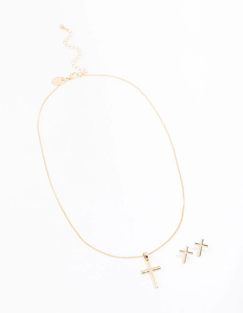 Gold Plain Cross Jewellery Set