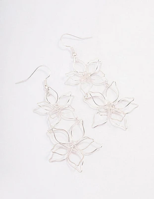Silver Double Wire Flower Drop Earrings