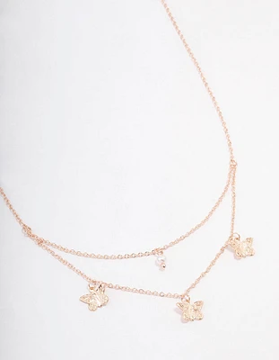 Rose Gold Butterfly Pearl Double Chain Necklace