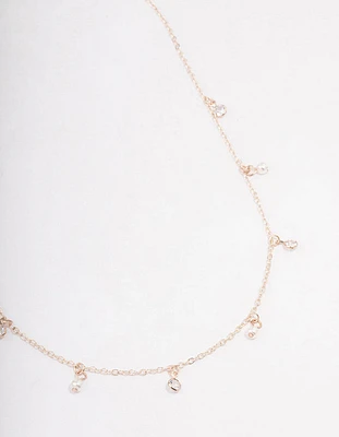 Rose Gold Diamante & Pearl Drop Station Necklace