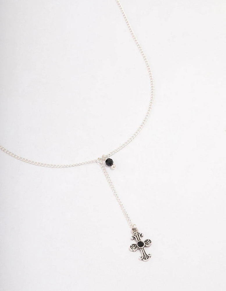 Antique Silver Drop Chain Cross Necklace