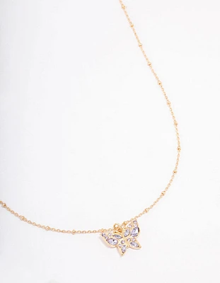 Gold Pave Ball Chain Butterfly Necklace