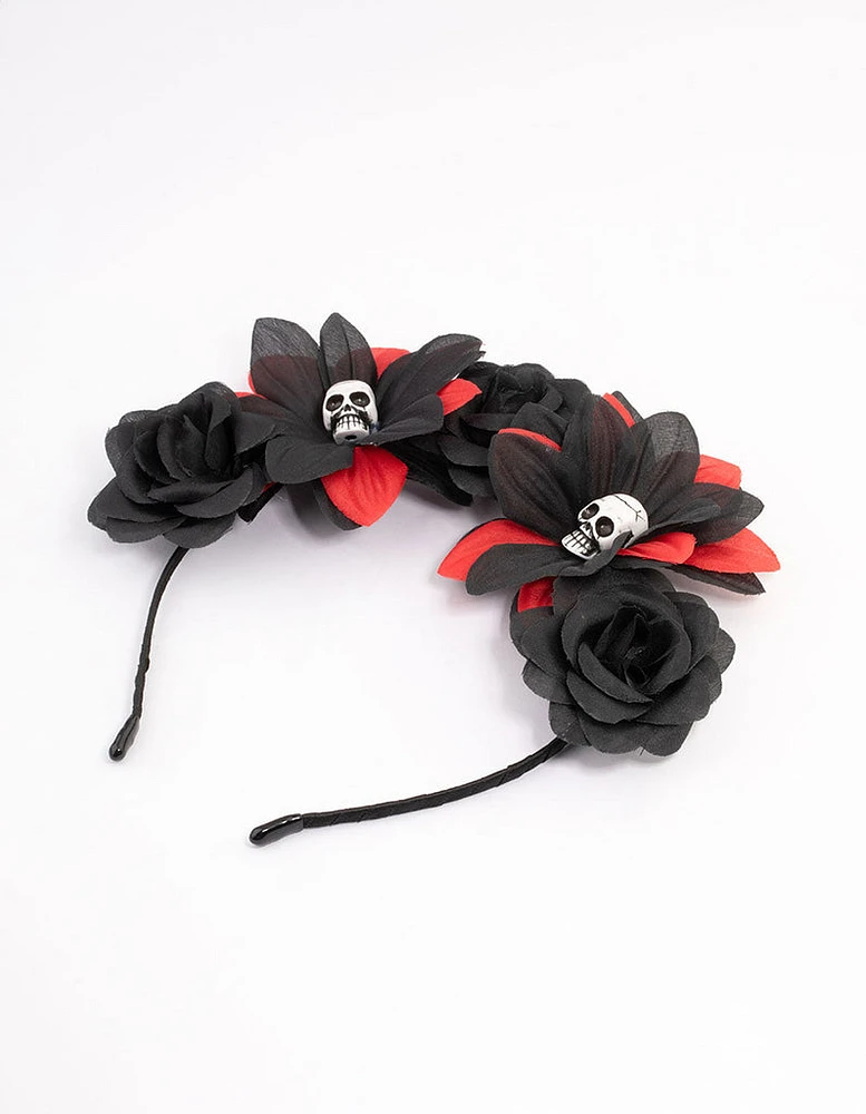 Black & Red Floral Skull Headband