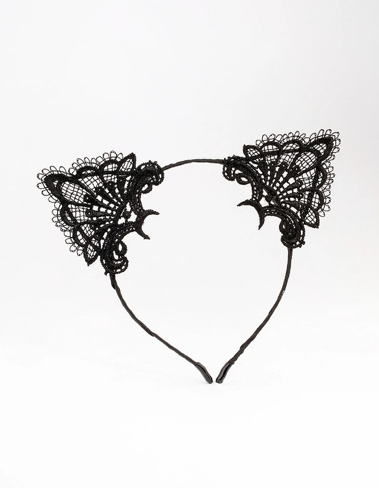 Black Fabric Lace Cat Ears Headband