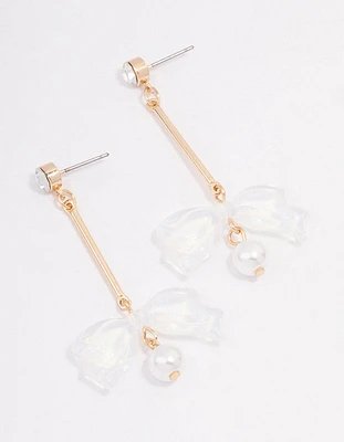 Gold Diamante Acrylic Bow Drop Earrings