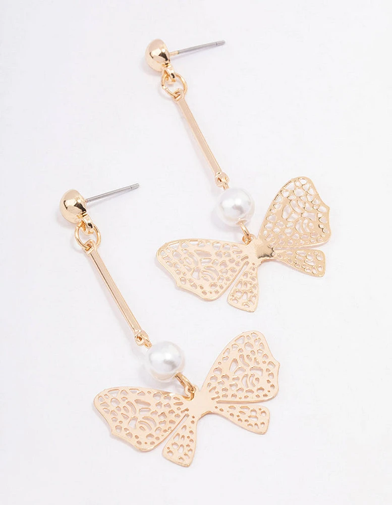 Gold Filigree Butterfly Pearl Earrings