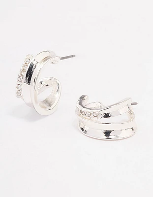 Silver Diamante Ridged Double Hoop Earrings