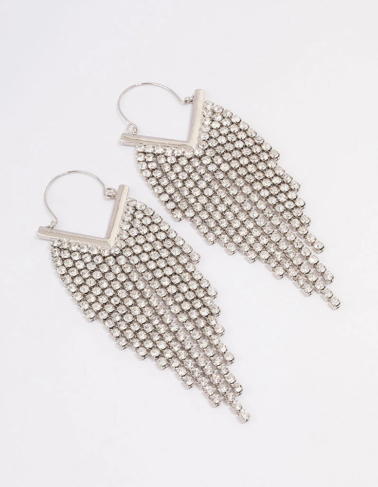 Rhodium Diamante Tassel Cupchain Hoop Earrings