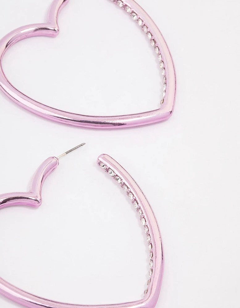 Pink Large Diamante Heart Hoop Earrings