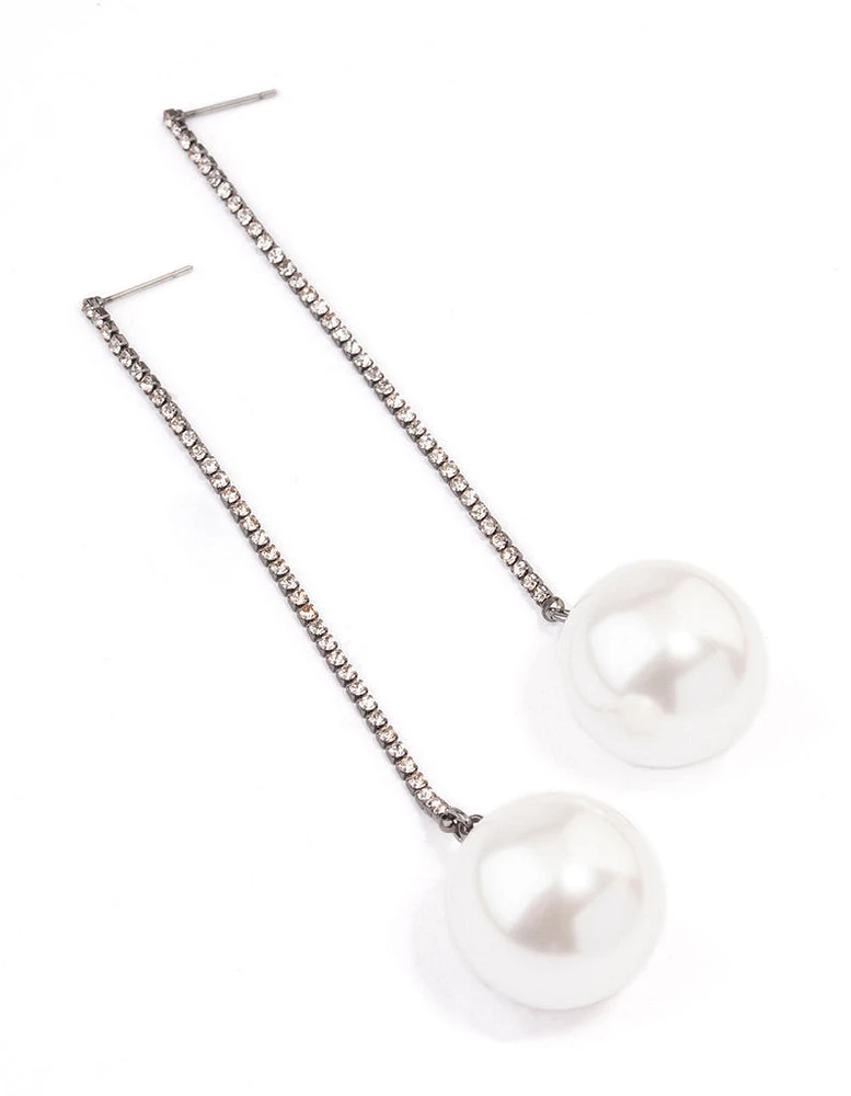 Gunmetal Diamante Pearl Drop Earrings