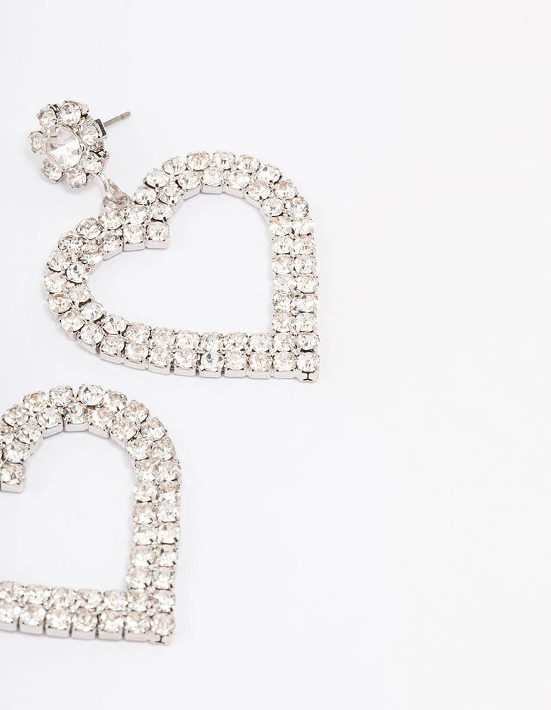 Rhodium Diamante Heart Drop Earrings