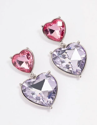 Pink & Purple Small Double Heart Drop Earrings