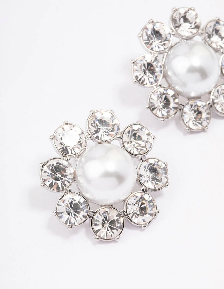 Silver Diamante & Pearl Flower Stud Earrings