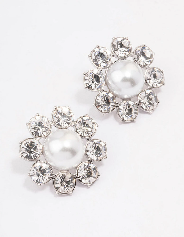 Silver Diamante & Pearl Flower Stud Earrings