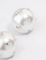 Diamante Encrusted Pearl Circle Stud Earrings