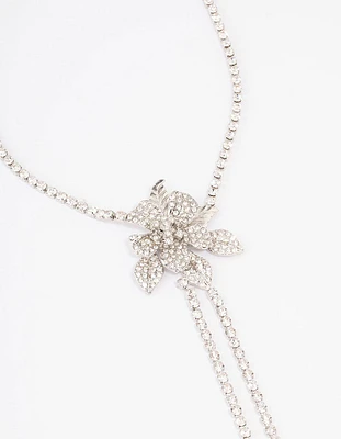 Rhodium Cupchain Diamante Flower Necklace