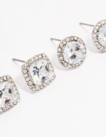 Rhodium Oval & Square Halo Earring Pack