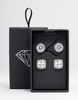Rhodium Oval & Square Halo Earring Pack