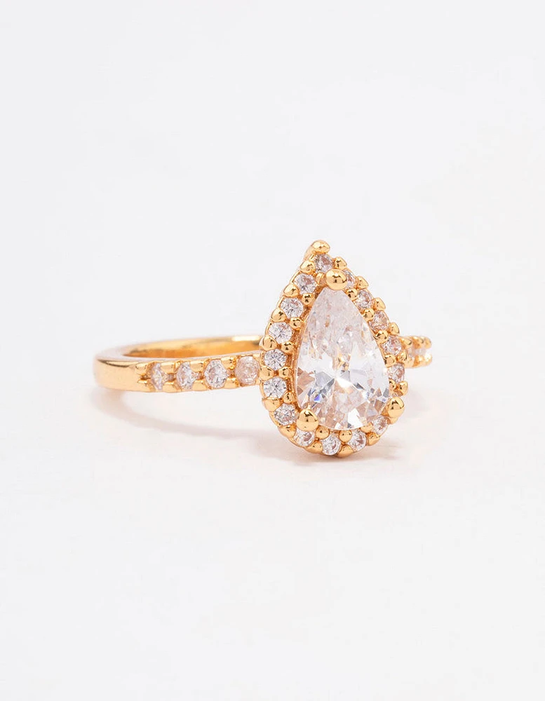 Gold Plated Classic Pear Cubic Zirconia Engagement Ring