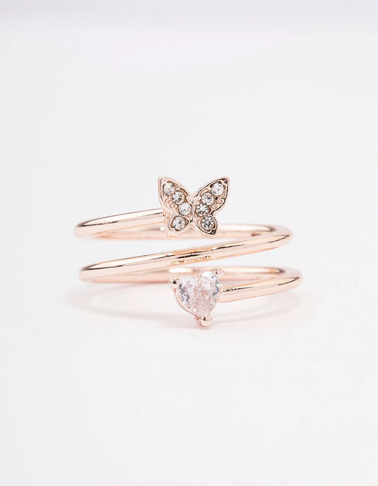 Rose Gold Plated Heart Butterfly Wrapped Ring