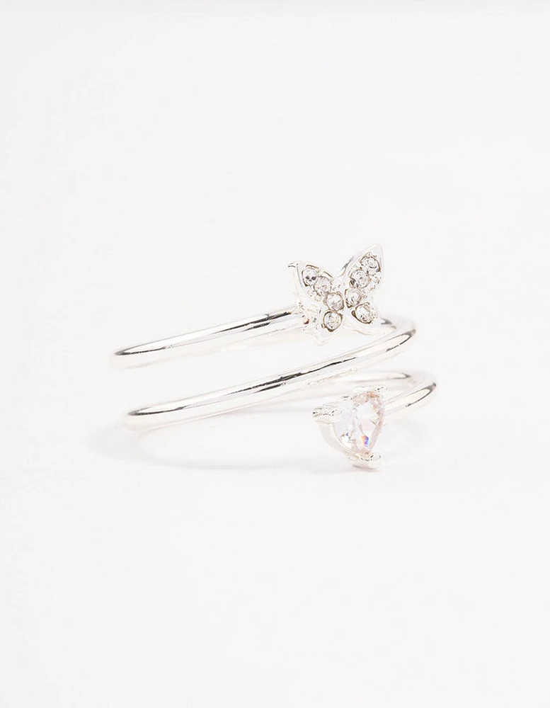 Silver Plated Heart Butterfly Wrapped Ring