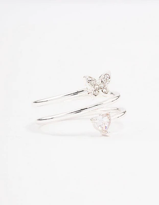 Silver Plated Heart Butterfly Wrapped Ring