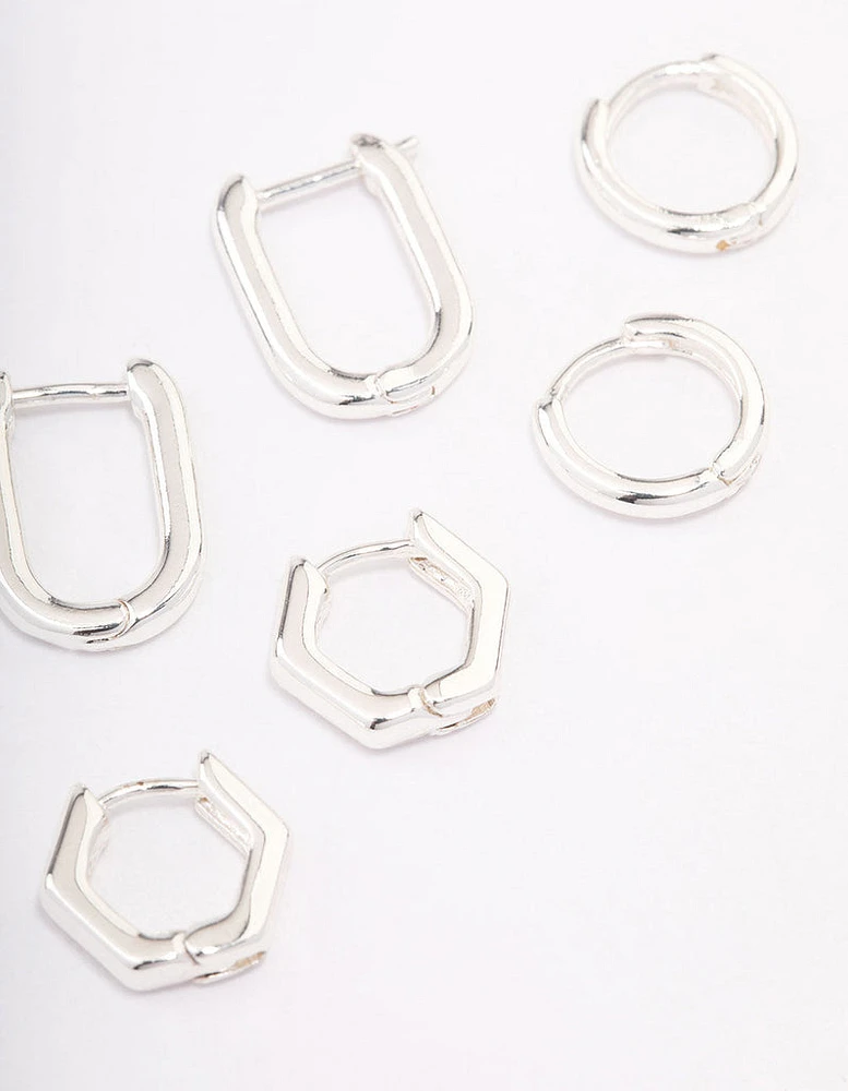 Silver Plated Hexagon Hoop Earrings 3-Pack