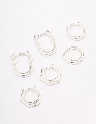 Silver Plated Hexagon Hoop Earrings 3-Pack