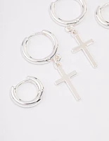 Silver Plated Cross Huggie Earring Pack