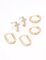 Gold Plated Cross Oval Huggie Earring 3-Pack